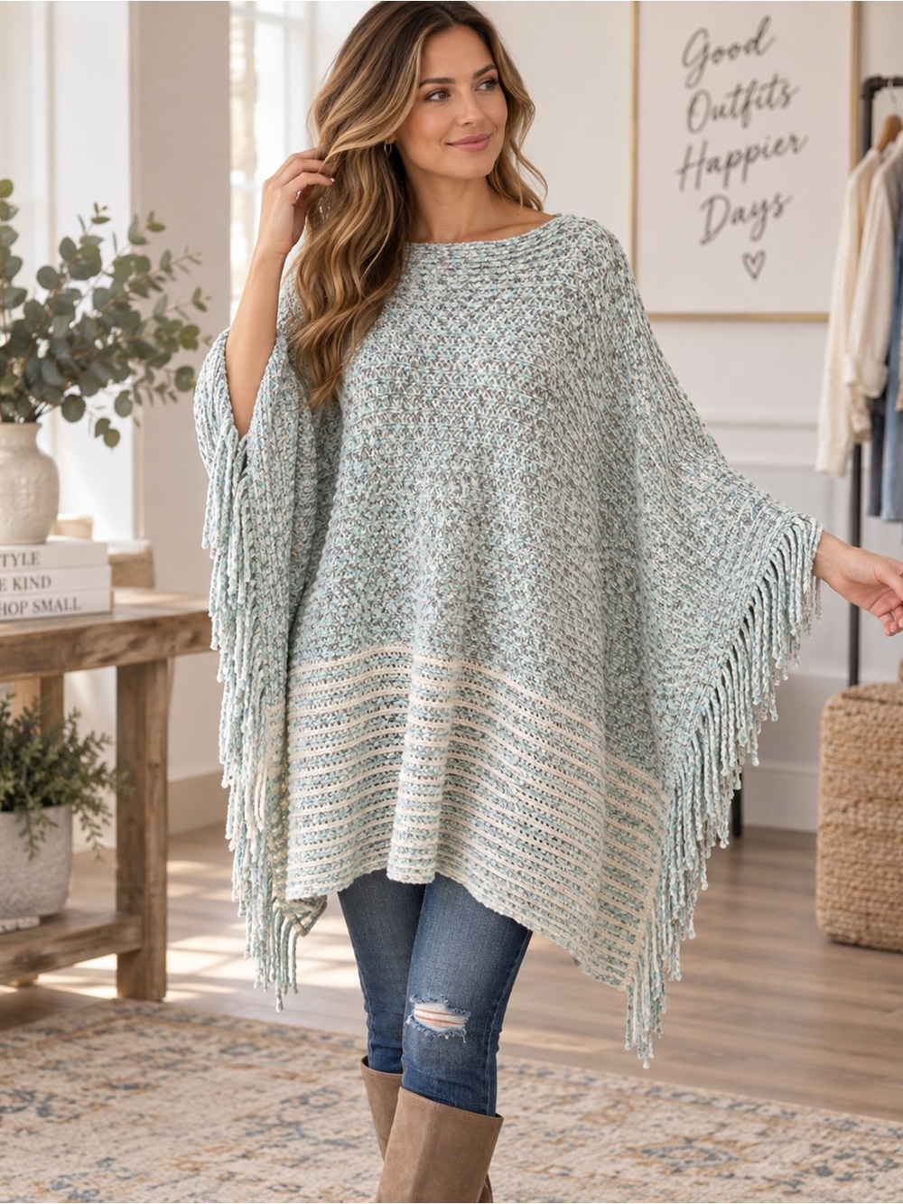RAJ Chenille Fringe Poncho O/S NIB Ivory Aqua Gray